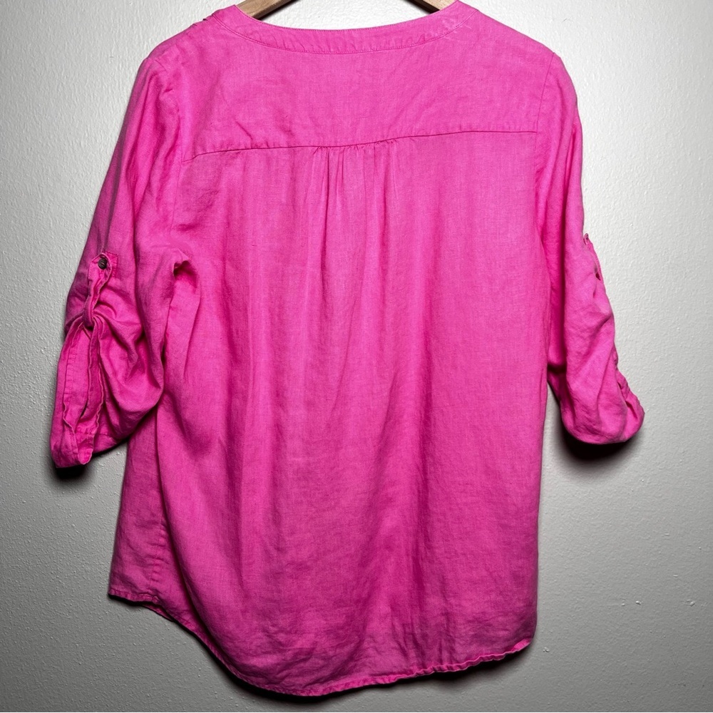 Chaus Sport Women 100% Linen Top XL Hot Pink Button Front Coastal Roll Tab Beach - Picture 5 of 8
